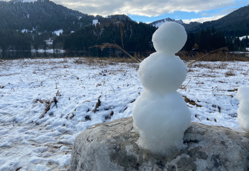 Schneemann auf einem Stein vor verschneiter Landschaft.
