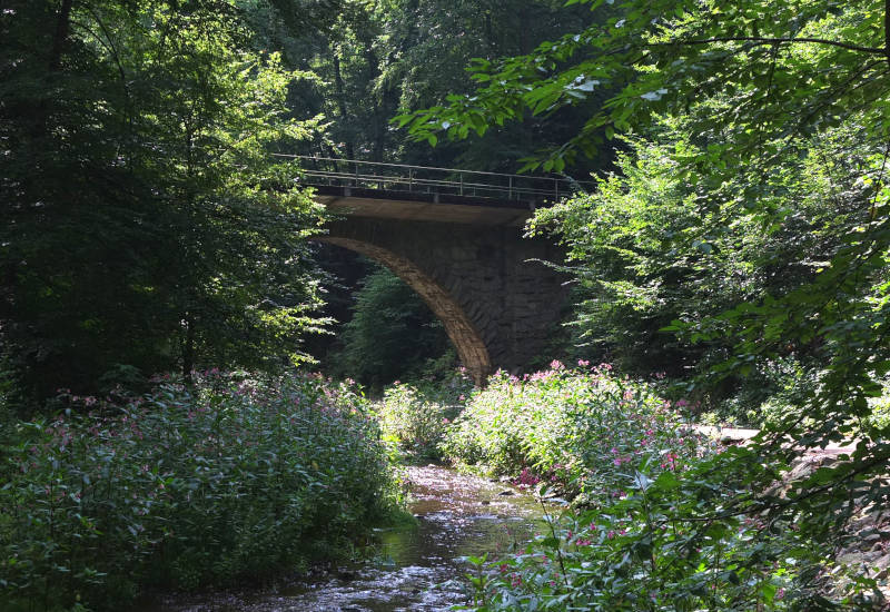 Steinerne Brücke über einen kleinen Fluss, umgeben von Bäumen.