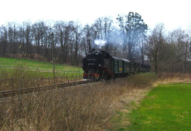 Dampflok fährt durch eine grüne Landschaft mit Bäumen.