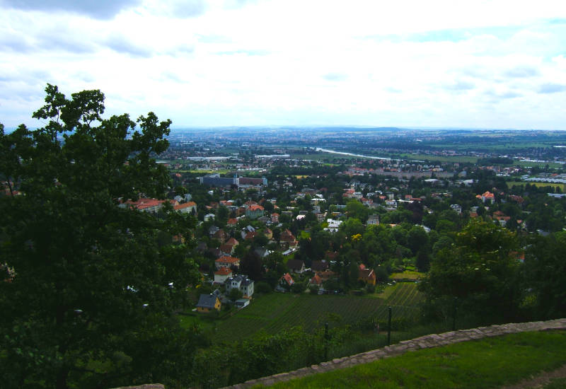Blick auf eine Stadtlandschaft mit Bäumen und Wolken.