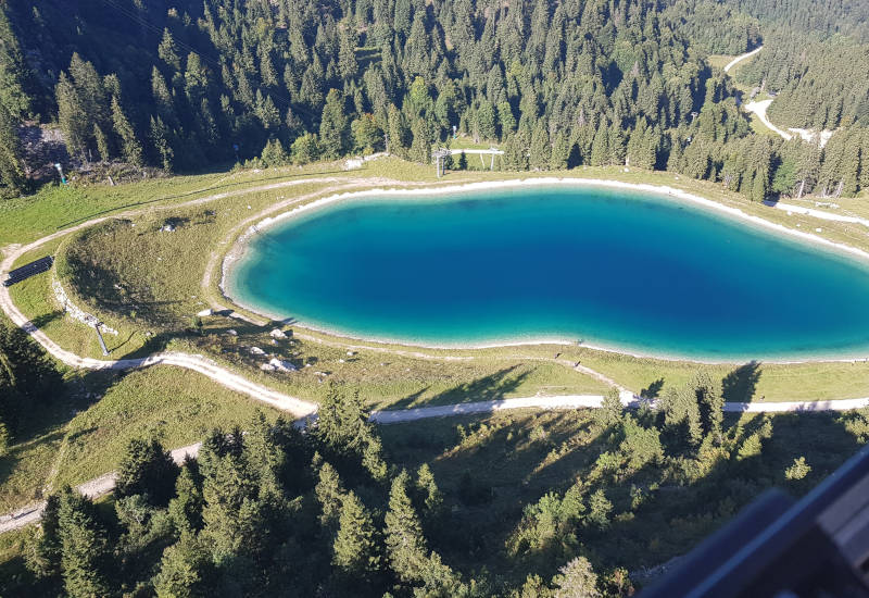 Blick auf einen blauen See umgeben von Wäldern.
