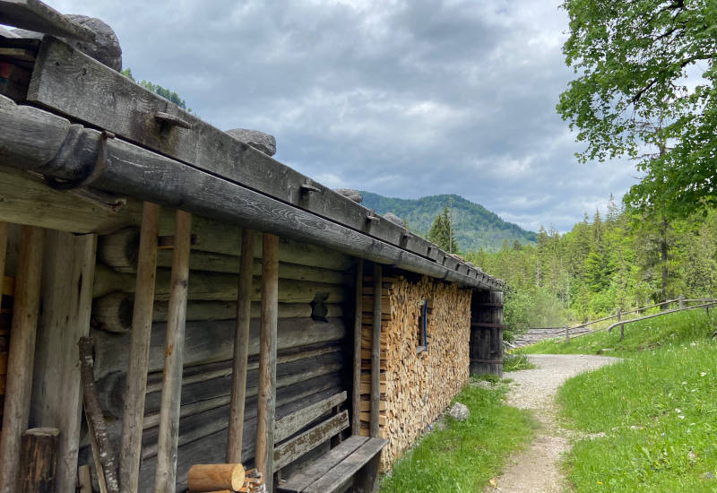 Holzhütte am Weg, umgeben von Bäumen und Bergen.